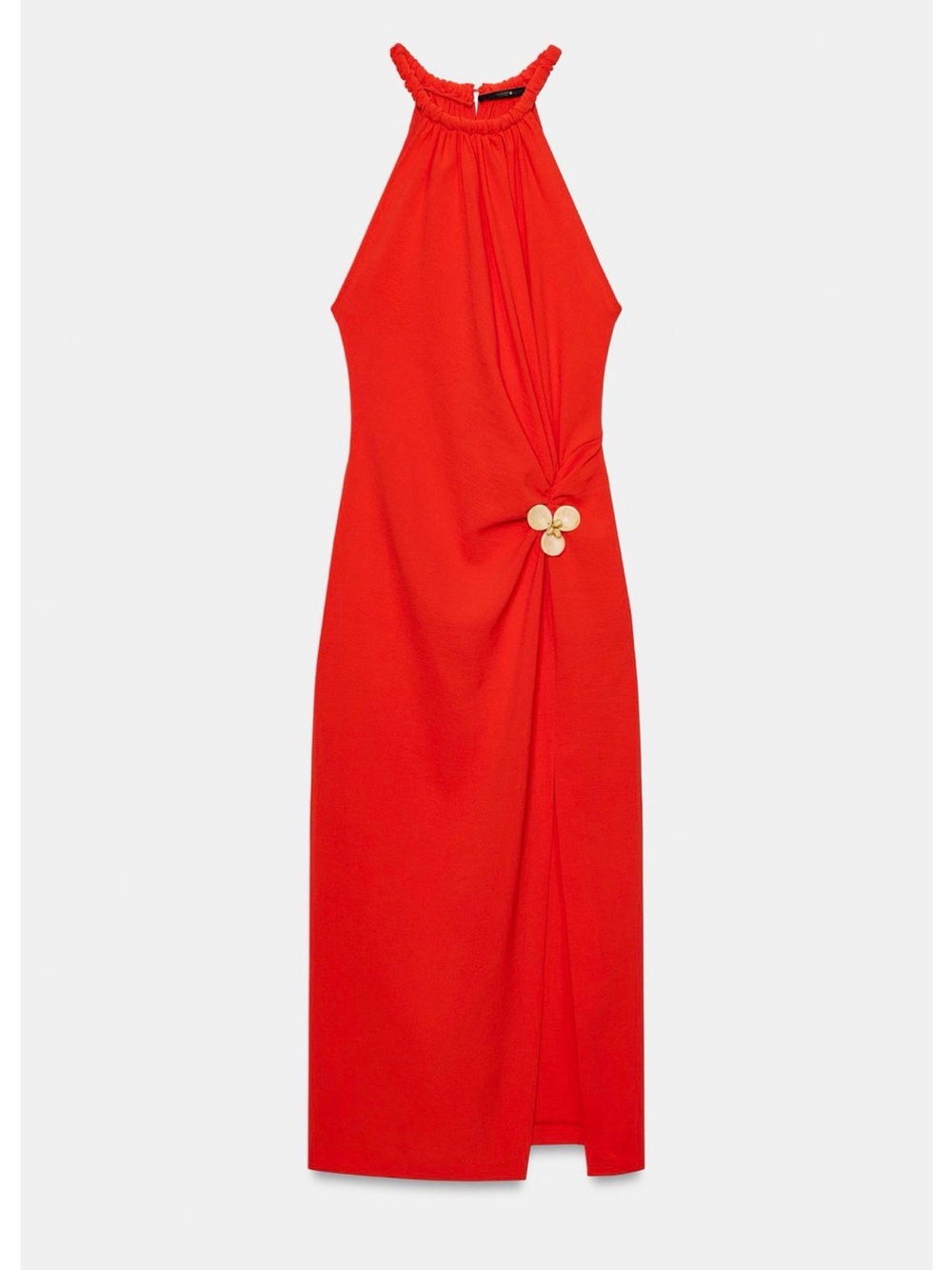 Zara Red One-Shoulder Midi Dress with Gold-Tone Flower Detail